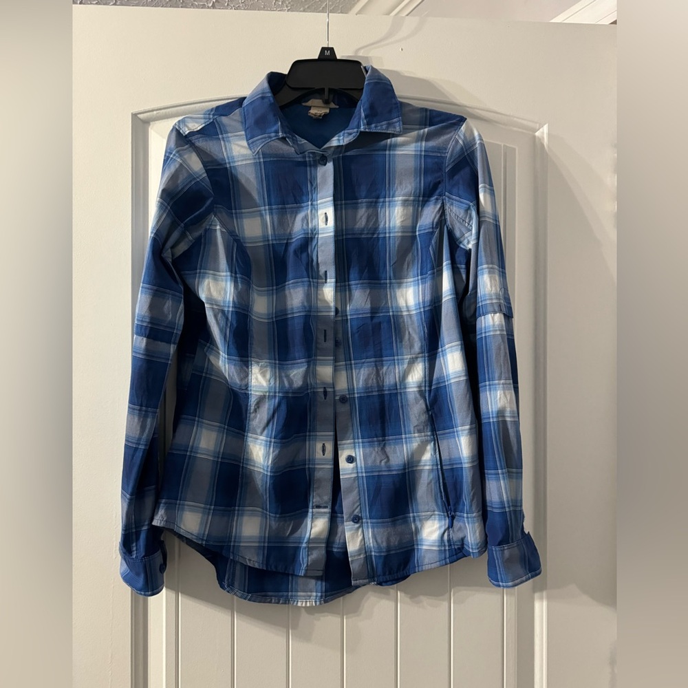 Duluth Trading Co XS Button Down vented Women’s Blue Plaid Shirt